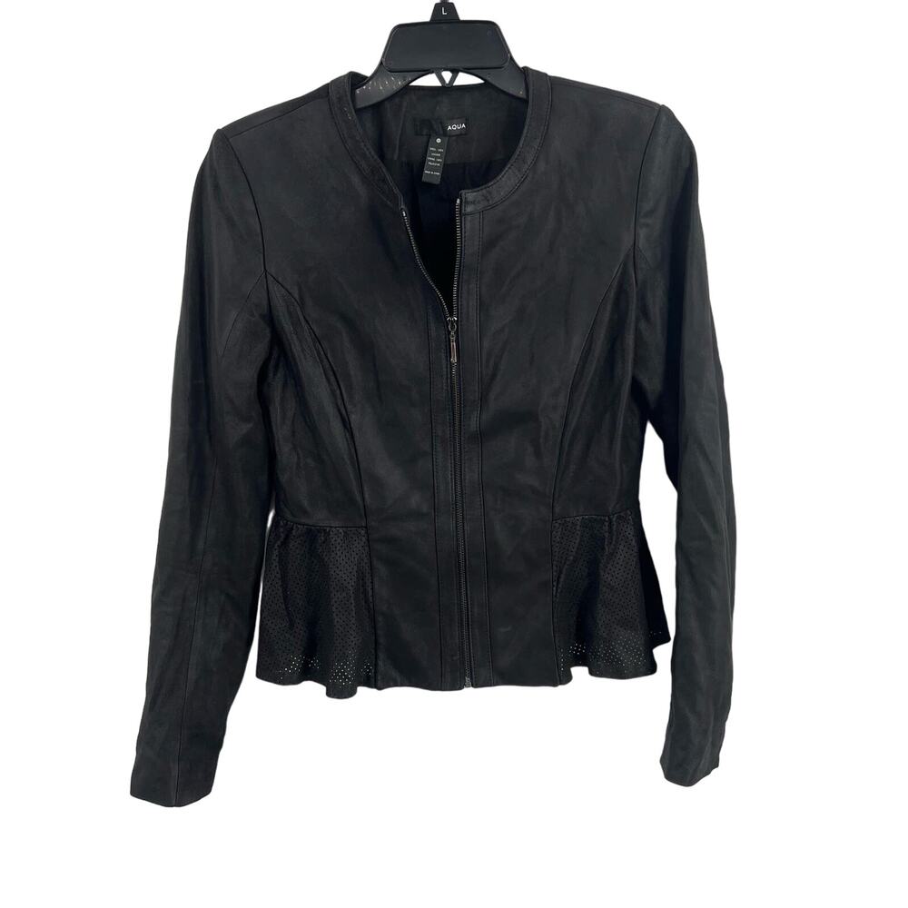 Aqua Black Leather Jacket Peplum Waist Size Medium